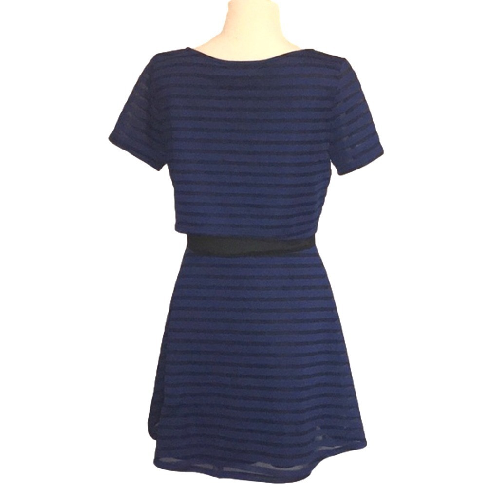 Style Unlimited Medium Blue Black Striped Dress Fit & Flare‎ Mesh Cutout Party